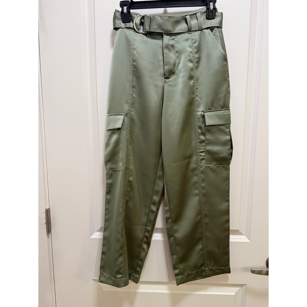 Stoosh Sage Green Satin Cargo Pants High Rise Belted Straight Leg Size S